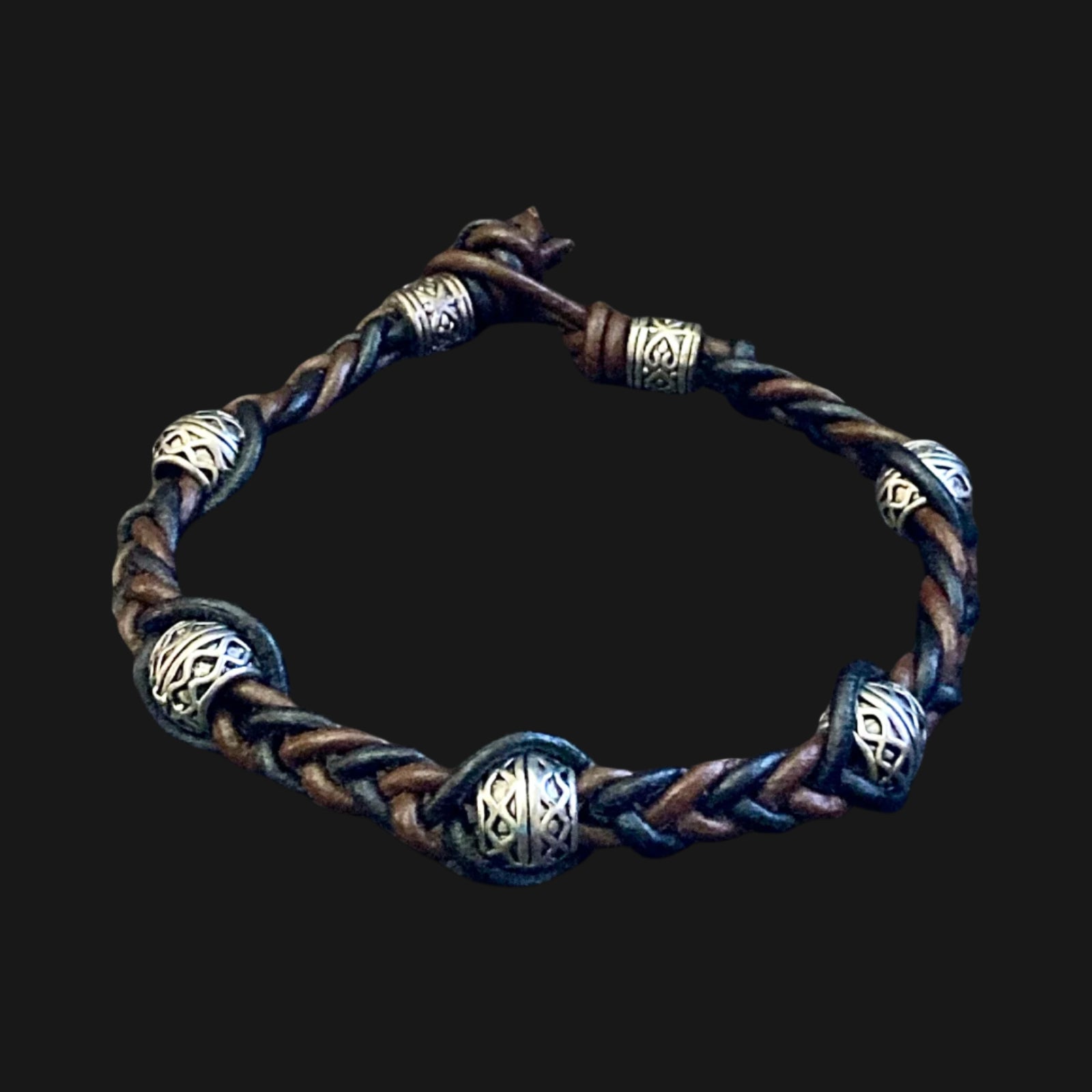 Woven macrame leather bracelet, by 3D Glass Designs.