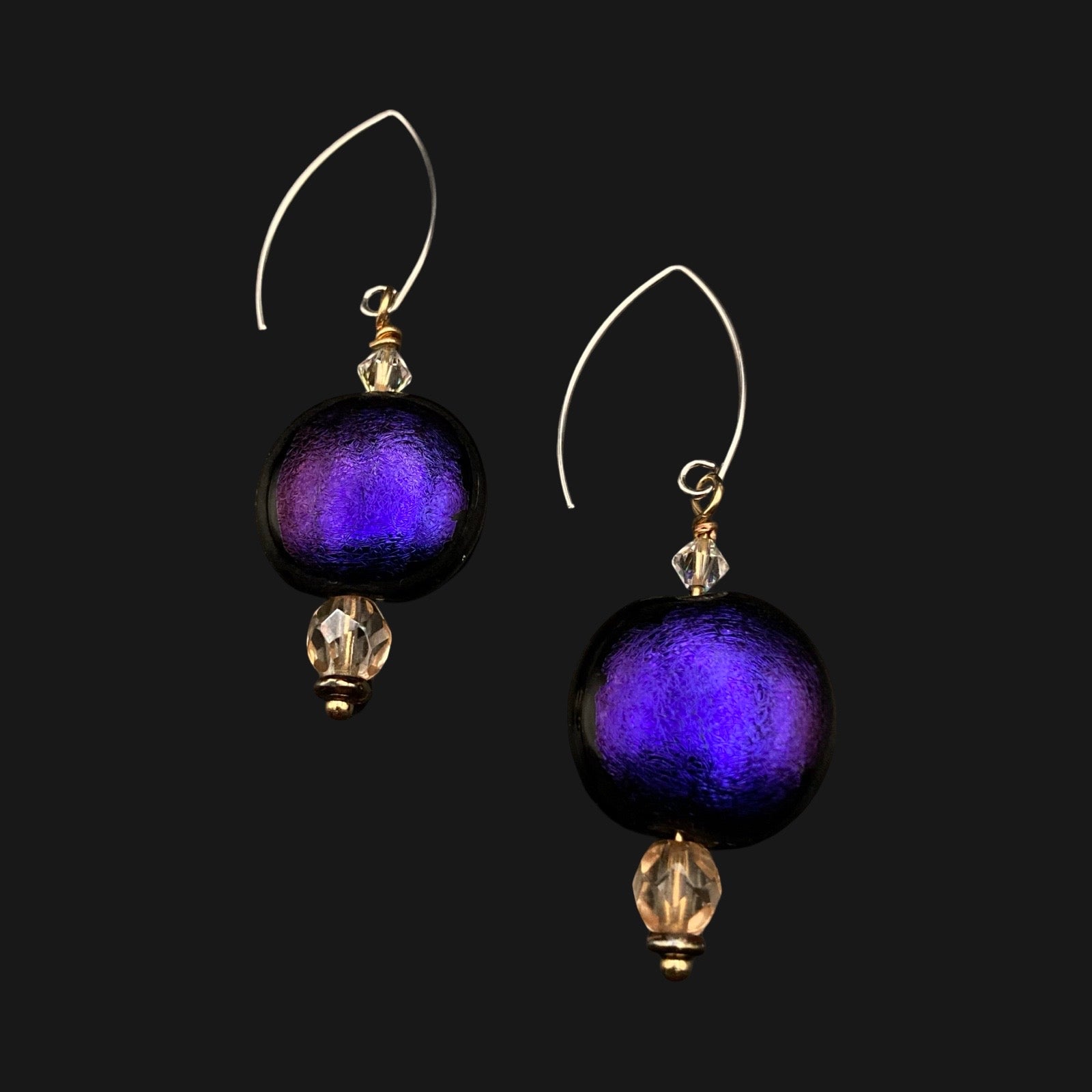A pair of purple glass earrings with crystals and silver-tone ear wires, by 3D Glass Designs.