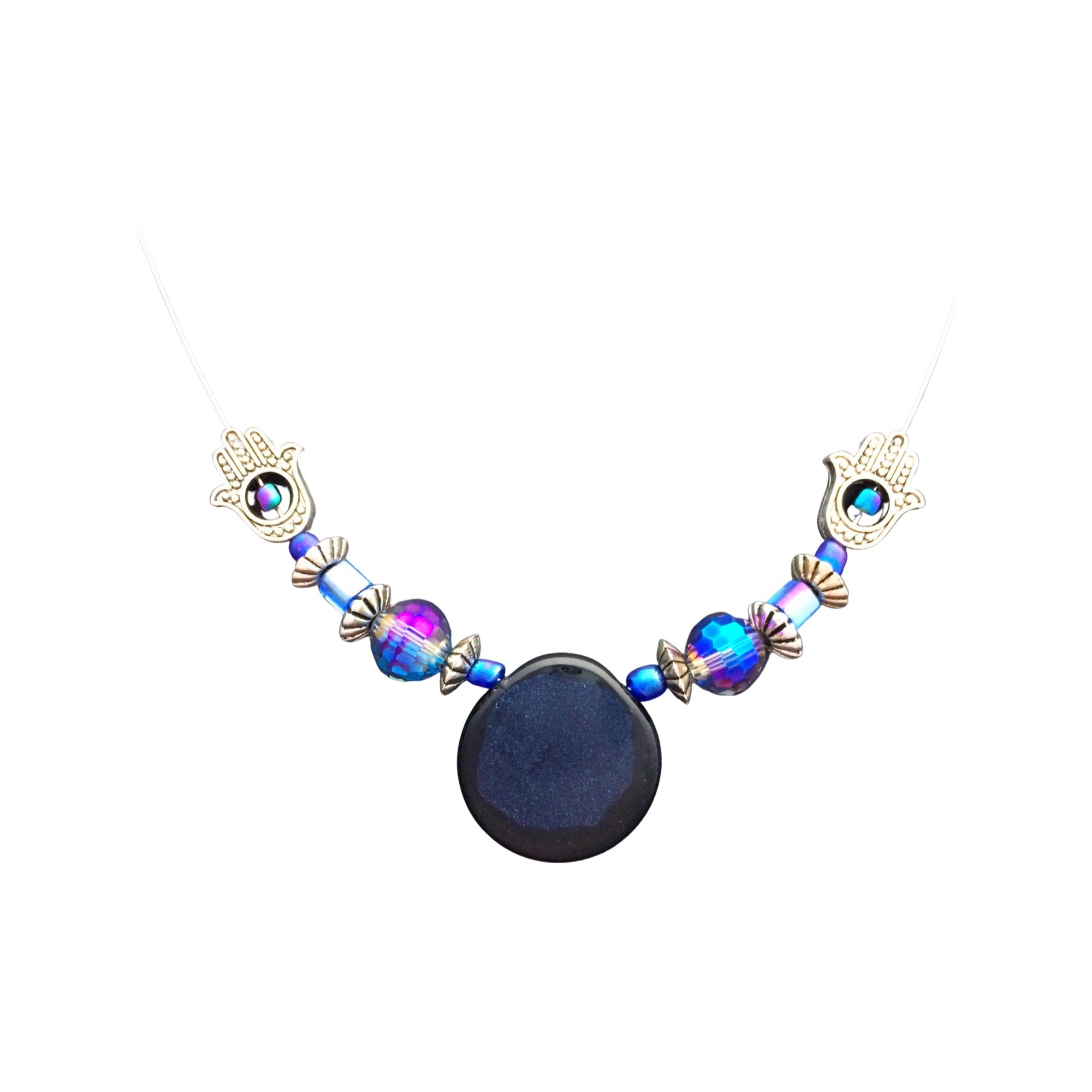 Beaded blue necklace with crystals and hamsa hand beads on a white background, by 3D Glass Designs.