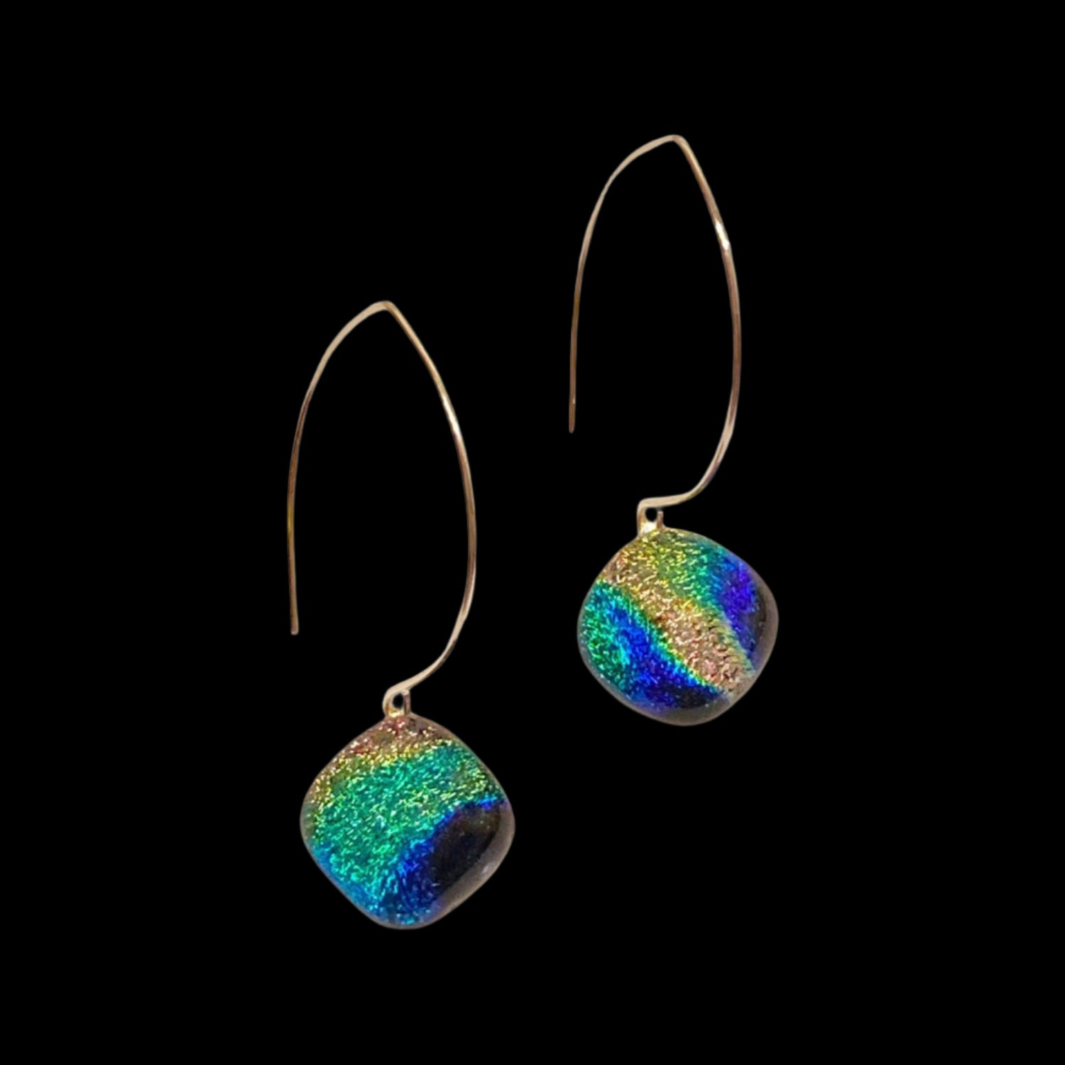 A pair of pierced earrings with a dichroic glass drop, by 3D Glass Designs