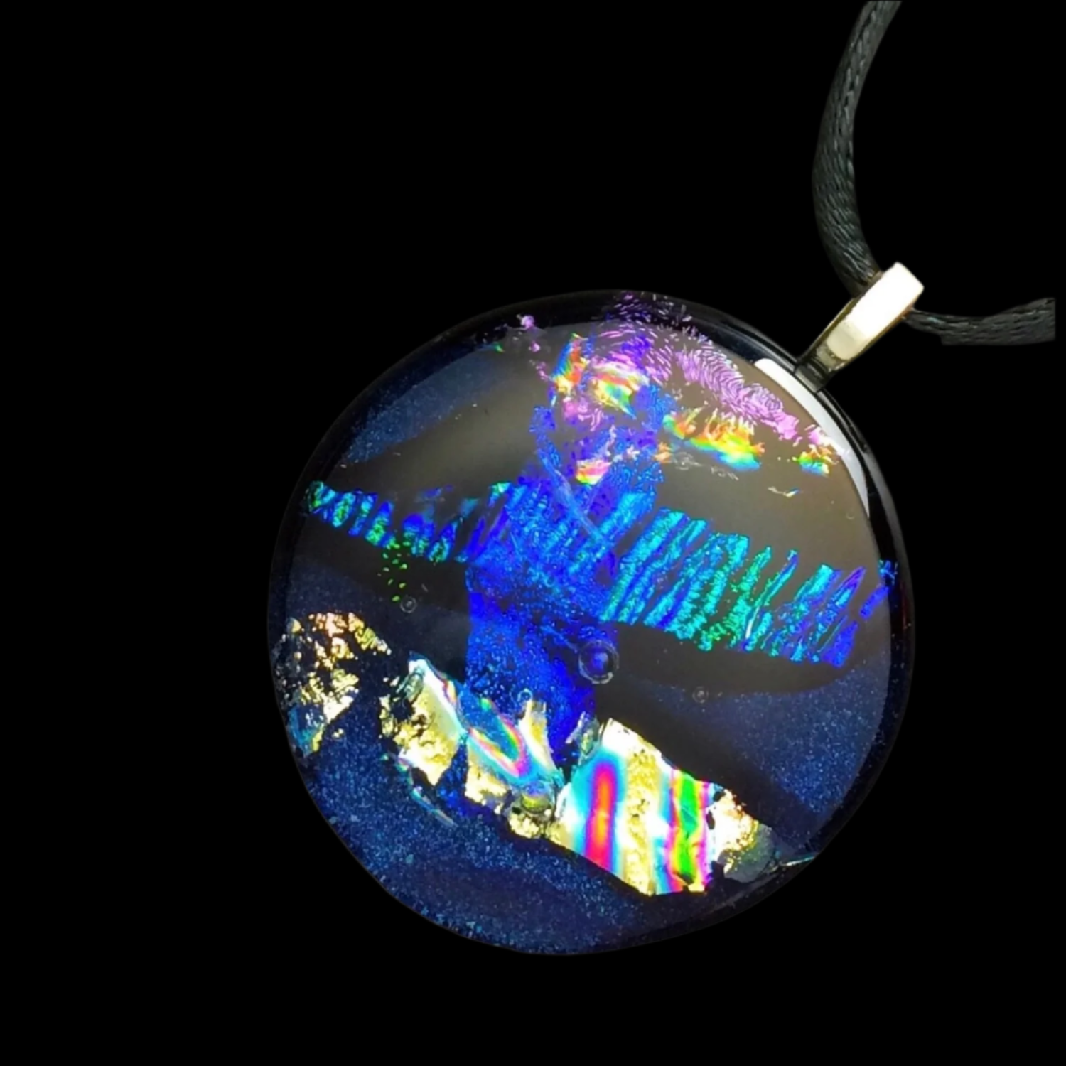 Round dichroic glass pendant in midnight blue, purple, silver and teal, by 3DGlass Designs.