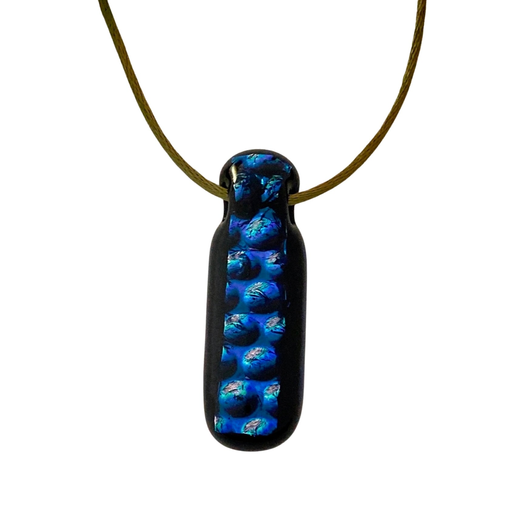 Blue and black fused glass pendant on a green satin cord, by 3D Glass Designs.