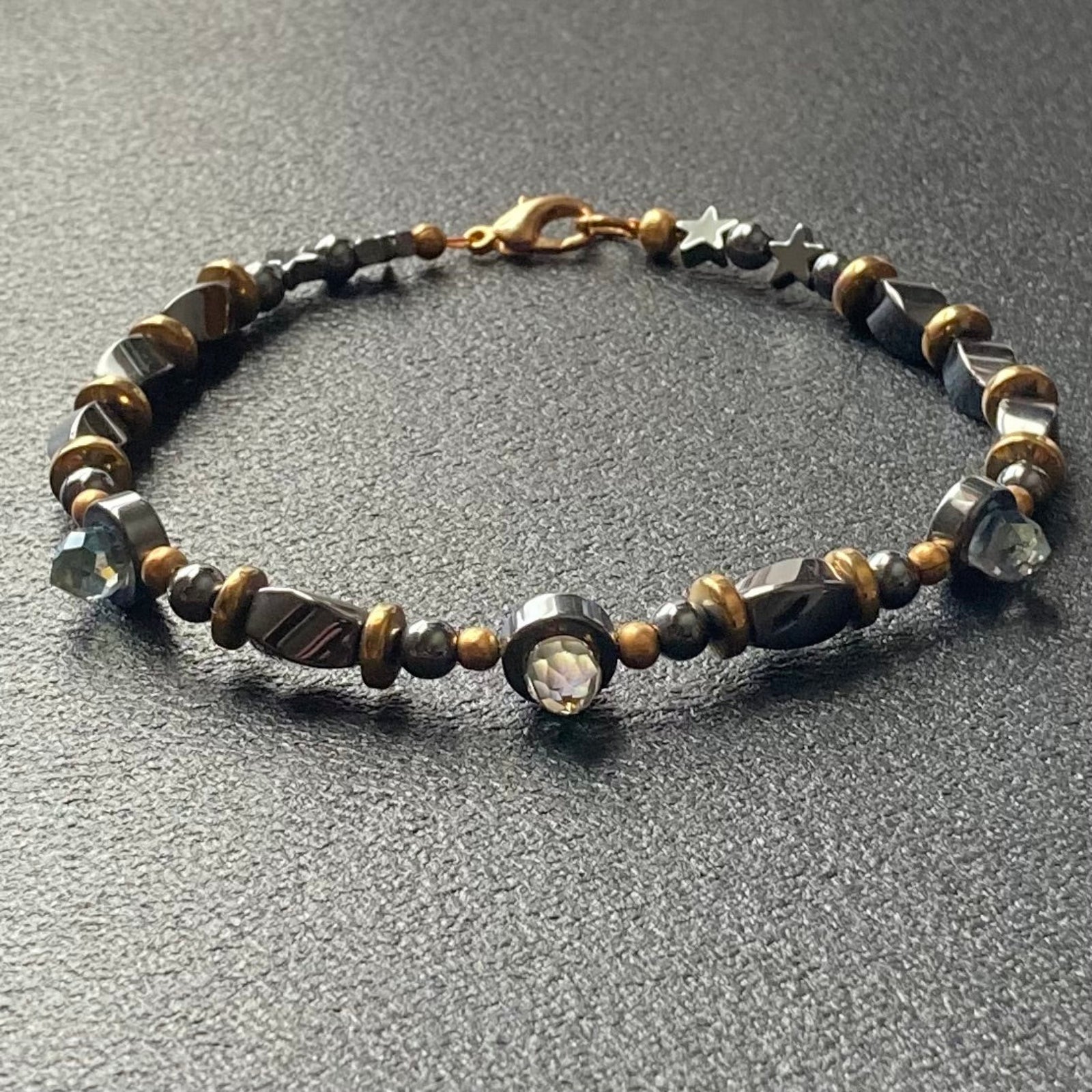 Grey and gold hematite and crystal bracelet, by 3D Glass Designs.