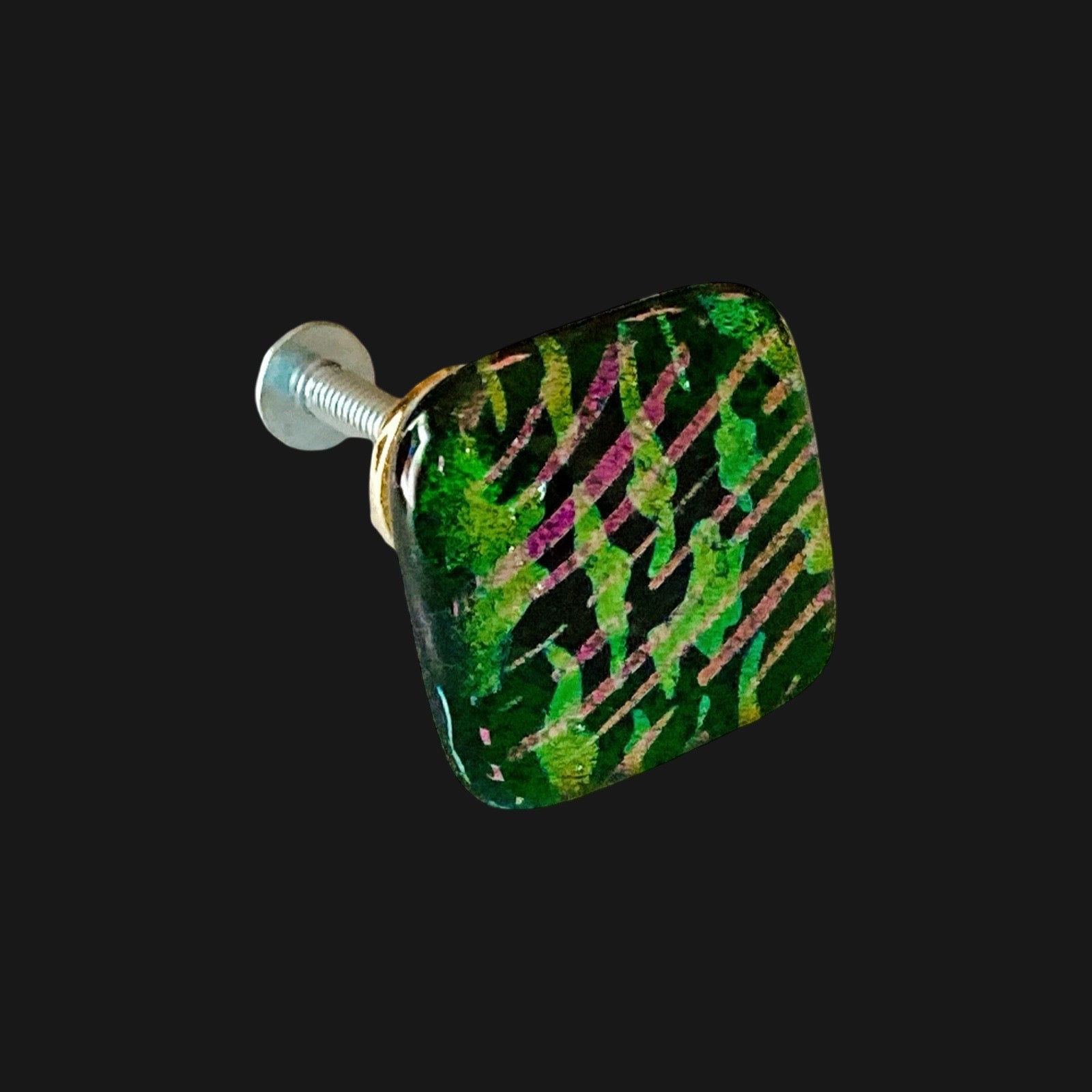 Handmade dichroic glass cabinet knob, by 3D Glass Designs.
