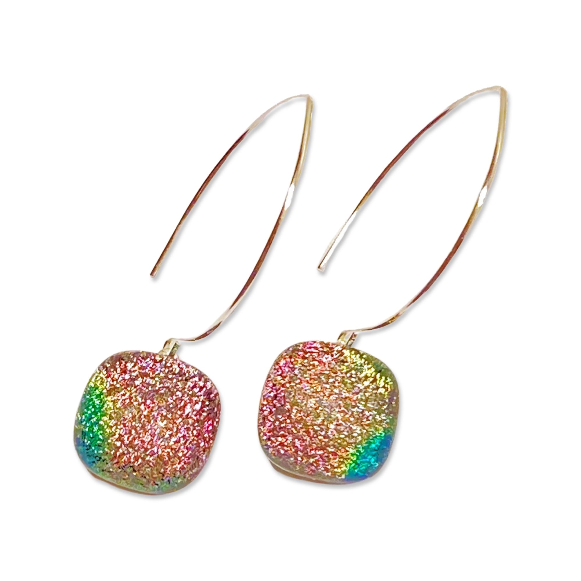 Pink Green Dichroic Glass Drop Earrings | Pierced Dangle Earrings | Handmade